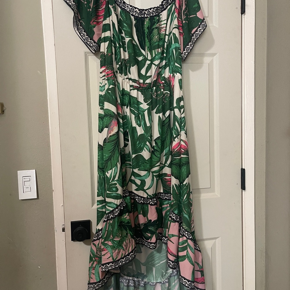 Flying Tomato Green Leaf and Pink Trim Off-Shoulder Maxi Dress